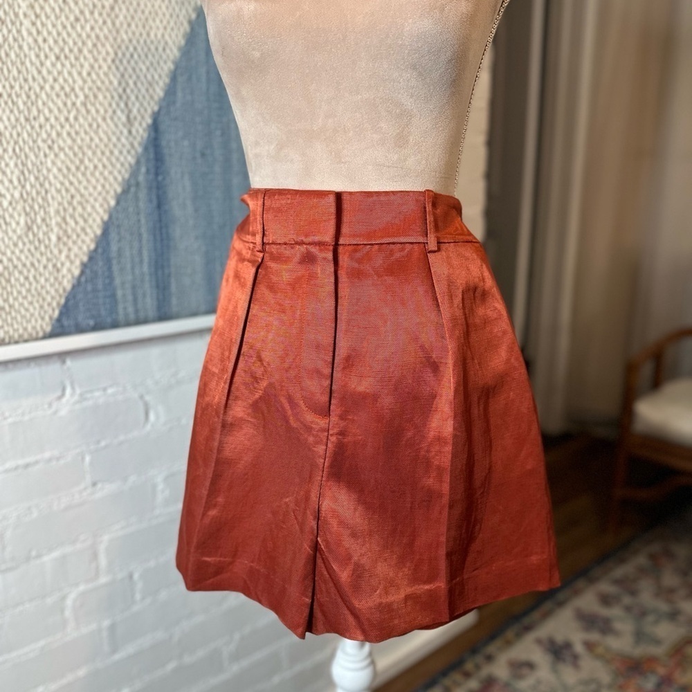 Theory High Waist Linen Blend Pleated Burnt Orange Shorts - Picture 12 of 12